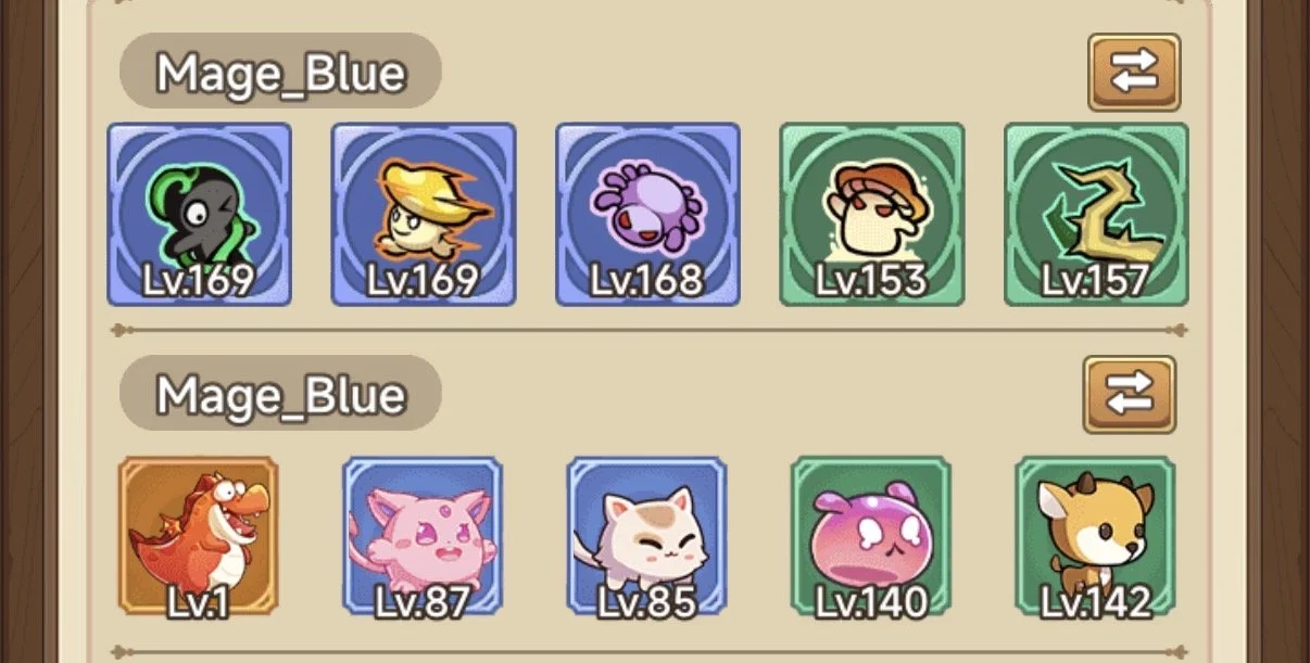 Screenshot of a game interface showing two teams of characters labeled 'Mage_Blue'. The top team includes a black creature with gray details, a yellow creature with orange elements, a purple creature with multiple appendages, a beige creature with glasses, and a green creature with a yellow symbol. The bottom team features a red dragon, a pink fluffy creature, a white cat with closed eyes, a pink creature with heart-shaped eyes, and a brown and white dog.