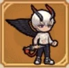 Cartoon character with white hair, horns, bat wings, black shirt, and red tail, standing against a brown background.