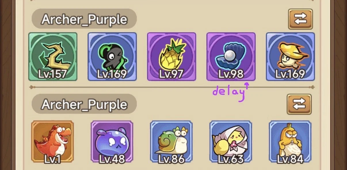 Screenshot of a game interface showing two rows of characters named Archer_Purple, with level indicators. The top row has five characters, and the bottom row has five characters. The character in the second position of the top row has a handwritten note above it that says "delay".