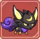 A cartoon-style black kitten with yellow eyes and purple tail in a pink outlined square background.