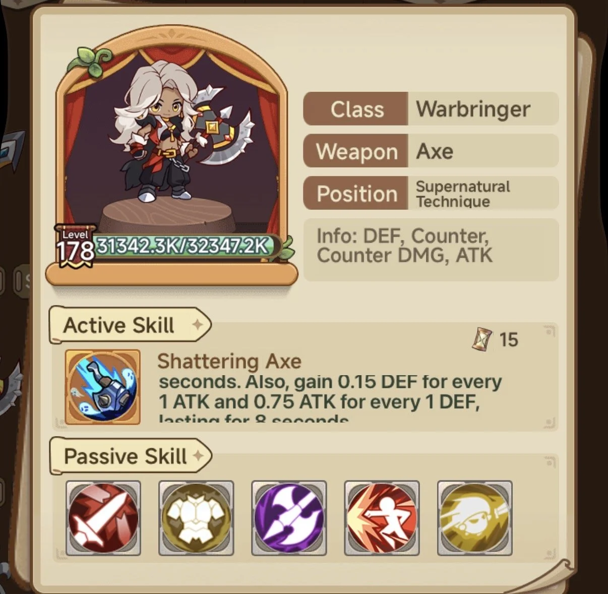 Game character profile of a warbringer with gray hair, wearing black and red clothing, holding a large axe, on a wooden stand with a red curtain background, displaying level 178 and stats, active skill 'Shattering Axe', and passive skills at the bottom.