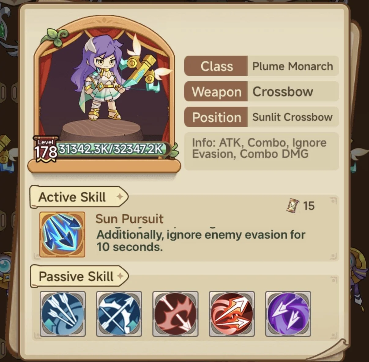 Game character profile with purple hair in a white and gold outfit, holding a crossbow. The character is a level 178 Plume Monarch with high attack points. Skills include Sun Pursuit and five passive skills.
