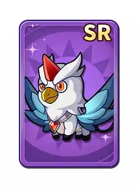 A cartoon flying creature with a bird's body, a white head with a red crest, orange eyes, and blue wings. It is a character from a game, labeled SR on a purple background.