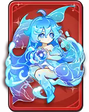 Anime-style character with blue hair, holding a glowing blue orb, surrounded by water or ice elements, on a red background.