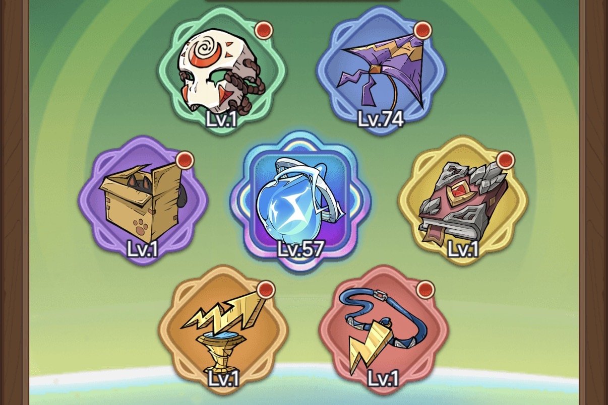 Collection of nine animated game icons on a green background, including a character face, various weapons, and equipment, each with levels marked.