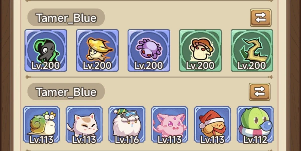 Screenshot of a mobile game showing two sets of six animated creature icons, each with a level indicator. The top row features a black monster, a fox-like creature, a purple octopus, a beige creature with glasses, and a yellow snake, all at level 200. The bottom row features a green snail, a white cat, a llama with goggles, a pink pig, a Santa-themed dog, and a watermelon character, with levels ranging from 112 to 116.