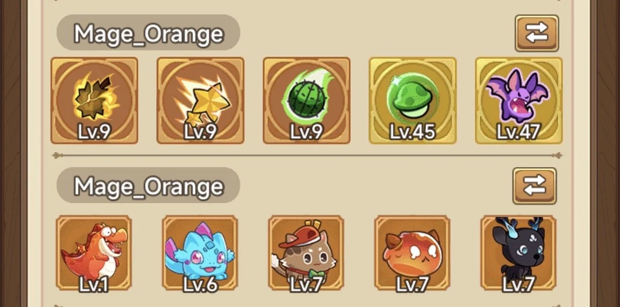 Screenshot of a mobile game interface showing two teams of fantasy characters with levels, including Pokémon-style creatures and other cute monsters.