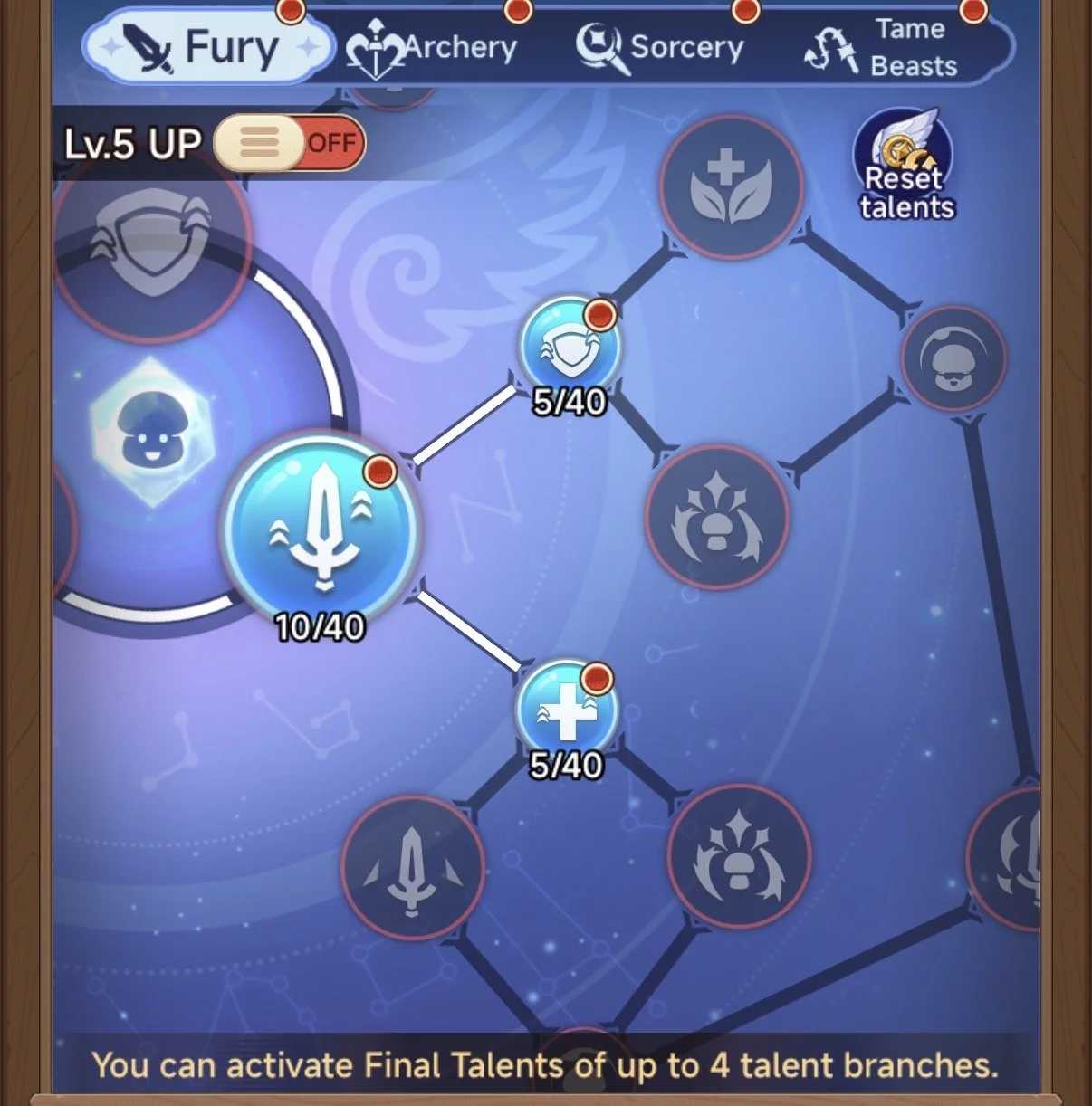 A skill talent tree from a game interface emphasizing 'Fury' talents, featuring nodes for activation, upgrade levels, and branches for different abilities like armor, healing, and attack, with a blue and purple background and navigation options at the top.