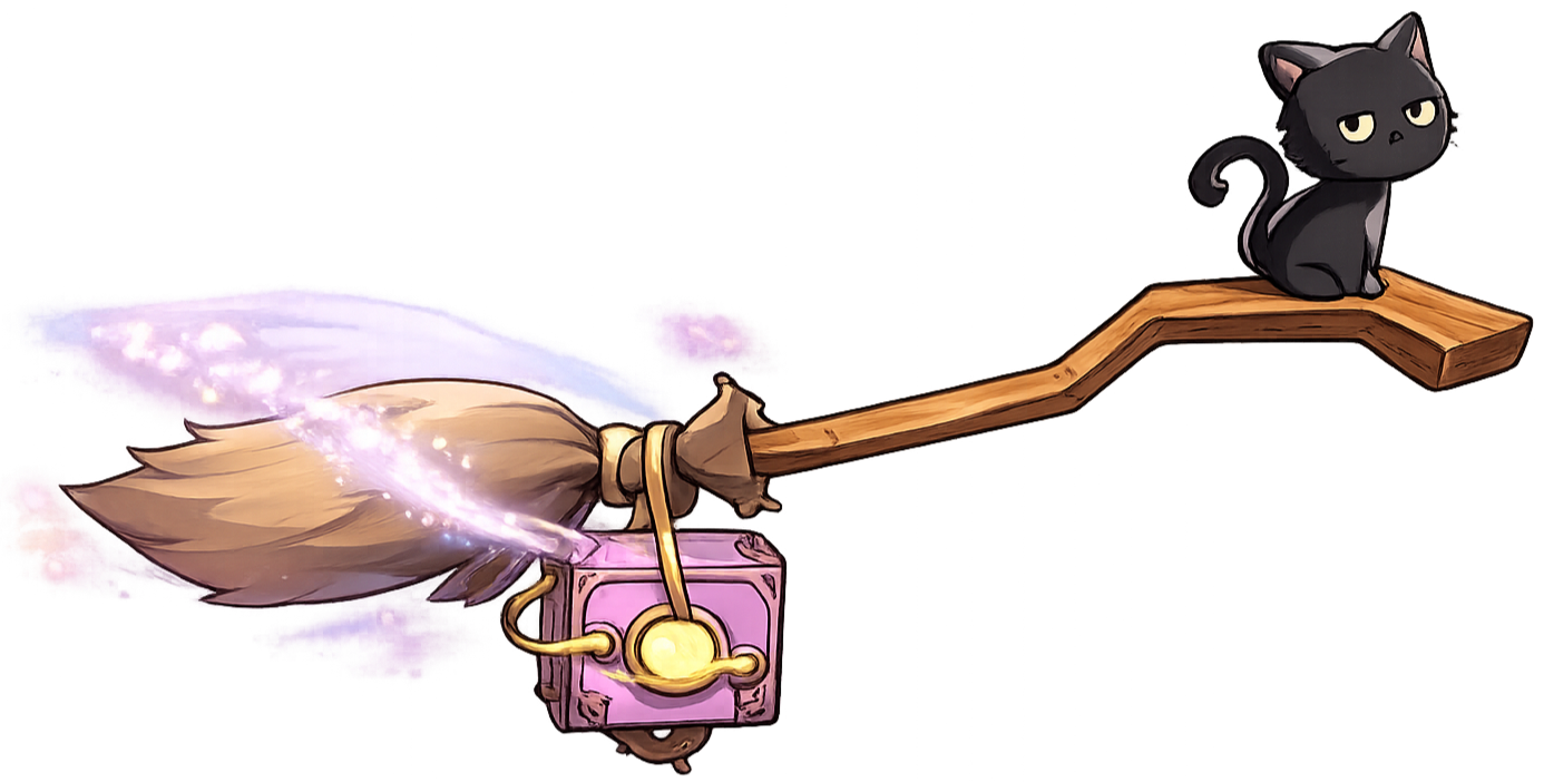 A whimsical illustration of a black cat sitting on a wooden plank attached to a magic wand with a pink and gold box, a feathered hat, and glowing sparkles.
