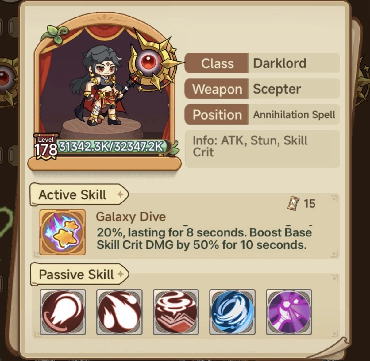 A character from a game, a dark lord with black hair, red eyes, and dark armor, holding a large staff with a glowing red orb, standing on a pedestal with a decorative background.