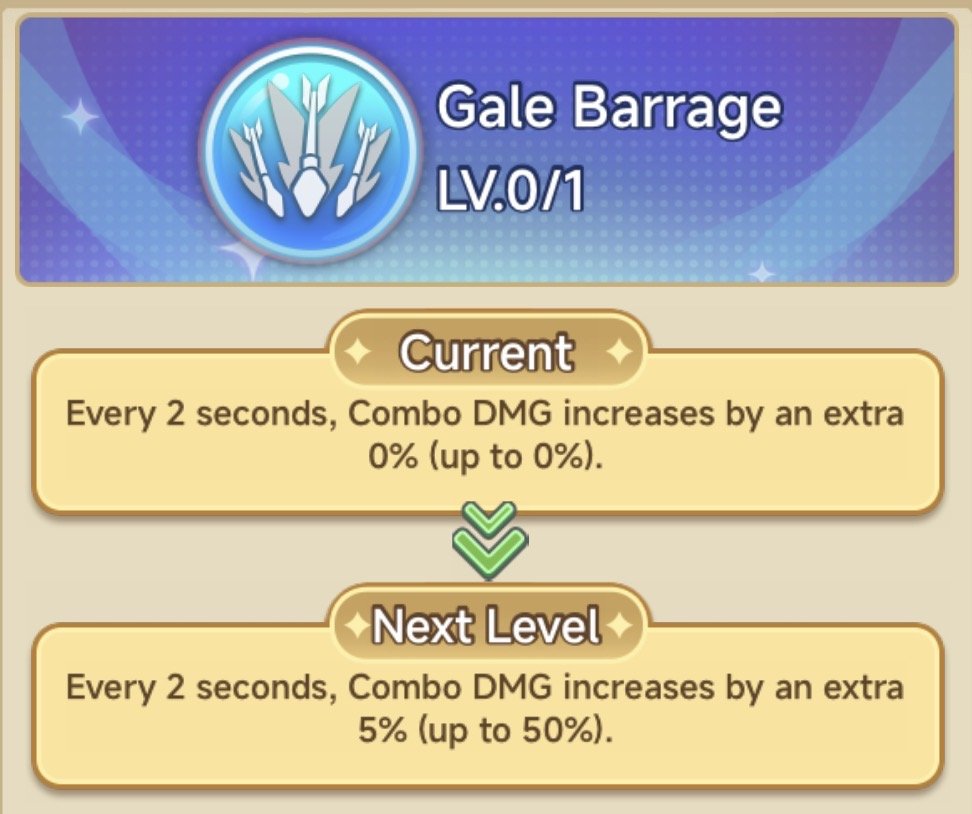 Game description of Gale Barrage skill, showing current and next level effects, indicating damage increase rates every 2 seconds.
