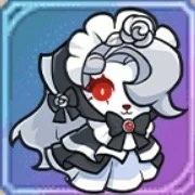 Cartoon character with gray hair, big red eyes, wearing a black and white gothic outfit, with a ribbon and bow, set against a colorful background