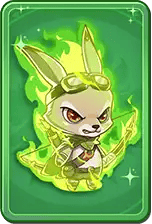 A cartoon character with a rabbit-like appearance, large ears, and glowing green costume, holding a staff, against a green background with stars.