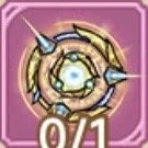 A pink-bordered gaming icon featuring a circular emblem with three metallic swords crossing behind a glowing center, and a counter displaying 0/1 at the bottom.