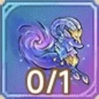 A fantasy character with a dragon-like appearance, surrounded by purple swirling energy, with a score of 0/1.