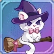 Cartoon white kitten wearing a purple witch hat and pink bow, sitting on a broomstick against a colorful background.
