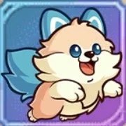 Cute cartoon fox with blue ears and tail, smiling against a purple background.