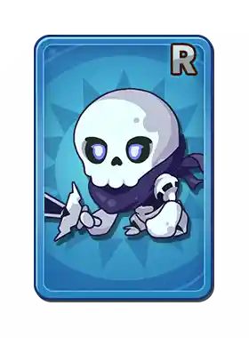 Cartoon skull character with large eyes, wearing a dark bandana, holding a small bone, with an R rank symbol in the top right corner.