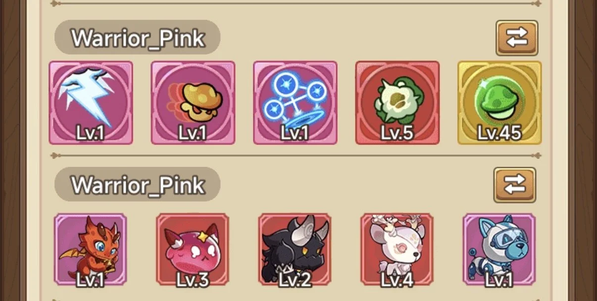 Screenshot of a game inventory showing two sets of Warrior_Pink characters with various levels and icons indicating their abilities.