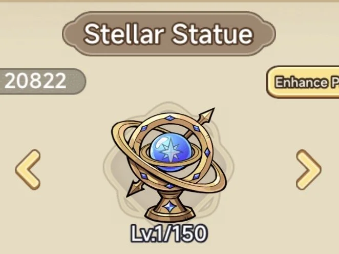 In-game screen showing a stellar statue with a blue star inside a planetary ring, labeled 'Level 1/150', with navigation arrows on either side and a background with beige tones.