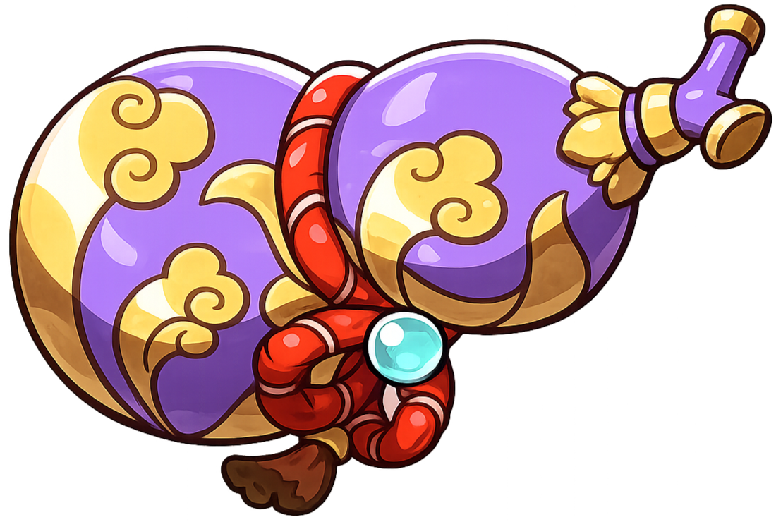 A cartoon-style, colorful magic lamp with a purple body decorated with gold cloud-like patterns, a red handle, and a blue gemstone on its front.