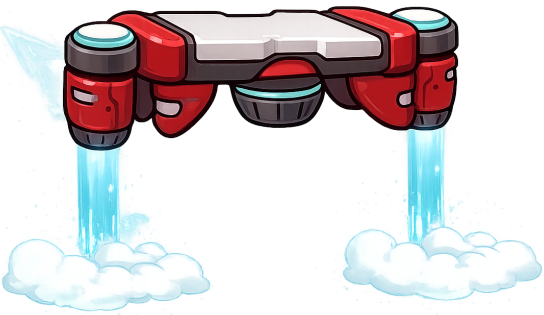 A cartoon flying drone with two blue waterjets, emitting water streams downward onto clouds.