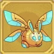 A cartoon-style robotic bee with blue wings and large eyes on a gold background.