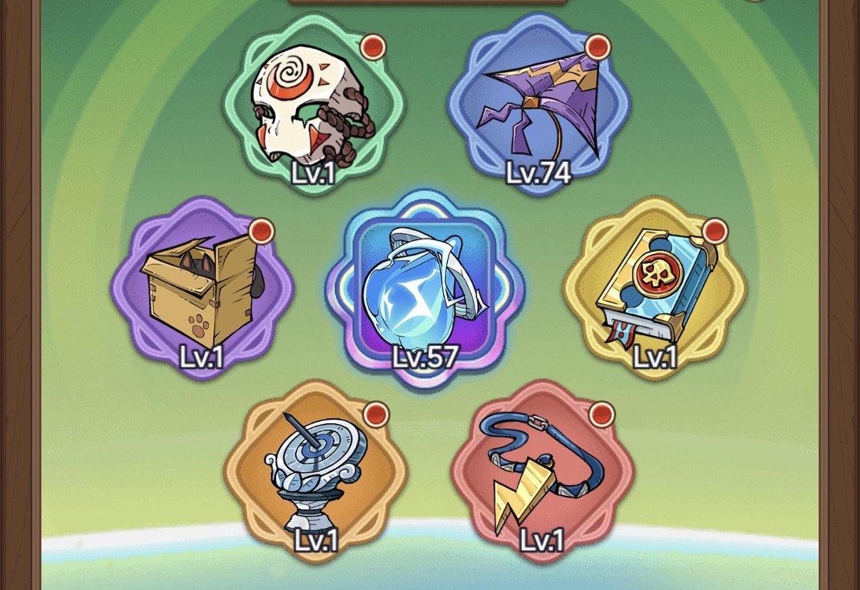 Collection of fantasy game items with level indicators, including a skull, a purple kite, a cardboard box, a glowing blue orb, a book with a skull, a storm weather vane, a satellite dish, and a lightning collar.