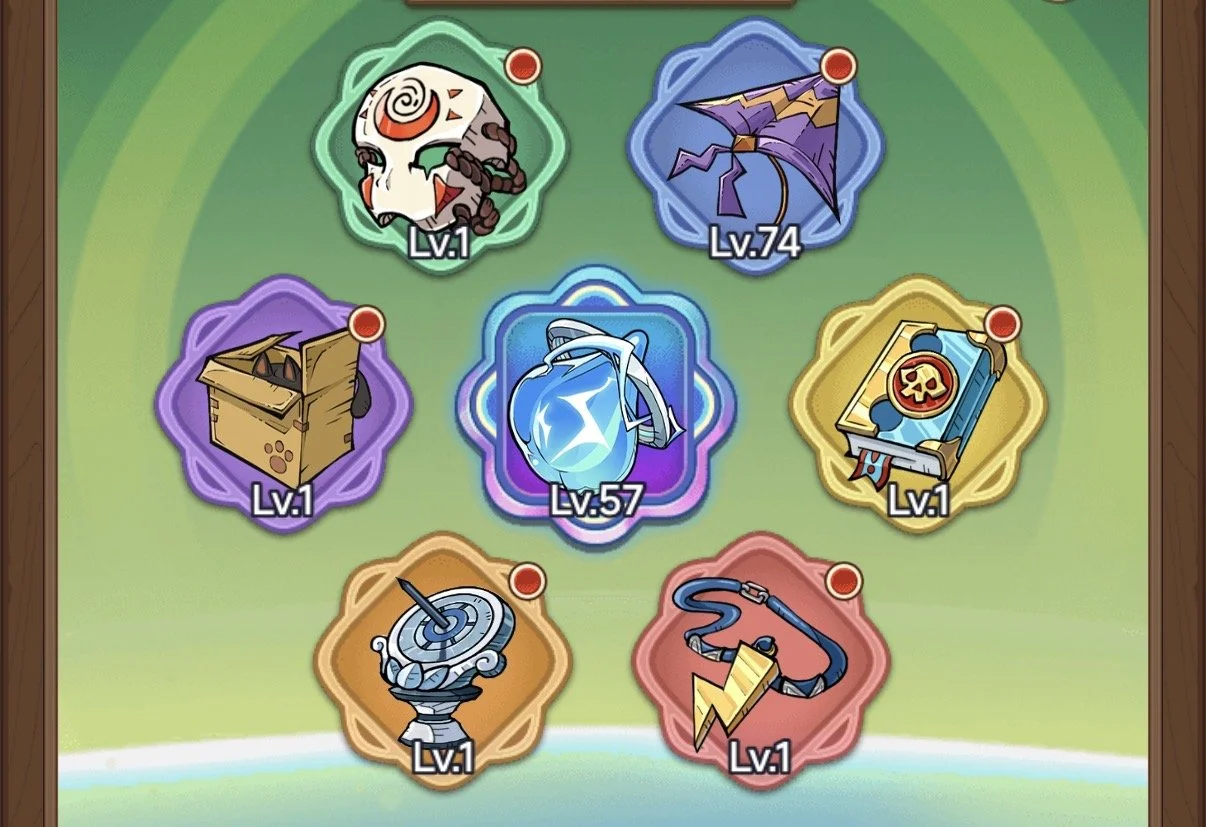 Collection of fantasy game items with level indicators, including a skull, a purple kite, a cardboard box, a glowing blue orb, a book with a skull, a storm weather vane, a satellite dish, and a lightning collar.