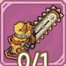 A cartoon-style character holding a large saw on a purple background, with a counter showing 0/1.