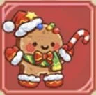 Cute animated gingerbread Christmas character with candy cane and colorful candies on head, holding a candy cane, on red background.