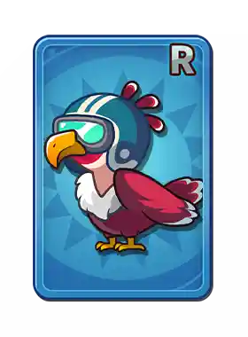 A cartoon bird wearing a helmet and goggles, resembling a toucan, with a card border and the letter R in the top right corner.