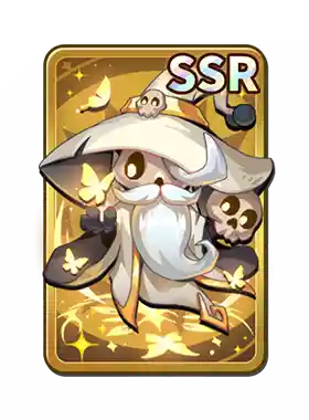 A cartoon character with a white beard and hat, holding a skull, surrounded by butterflies, with an 'SSR' label, in a gold-bordered frame.