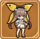 Cartoon character with large yellow bow and animal ears, wearing a gray outfit, with a plain brown background.