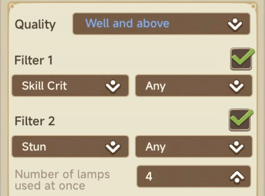 Screenshot of a game's user interface showing filters for quality, skill crit, and stun, with options selected including 'Well and above,' 'Skill Crit,' 'Any,' 'Stun,' 'Any,' and specifying four lamps used at once.