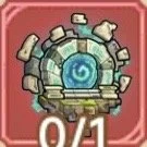 A circular icon resembling a stone portal or ancient artifact with a swirling blue center, surrounded by broken stone pieces. The bottom displays a '0/1' counter.