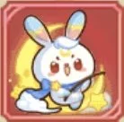 Cute cartoon bunny dressed as a warrior holding a sword and shield, sitting on a red background.