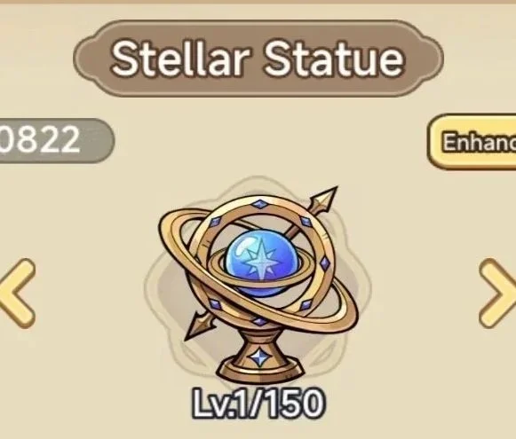 In-game illustration of a stellar statue with a blue star inside a orbiting ring, labeled as Level 1 out of 150.