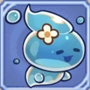 Cartoon blue water droplet character with a white flower on its head, smiling against a blue background.