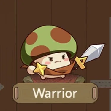A cartoon warrior character with a green mushroom hat, holding a small sword and a star, in front of a wooden background.