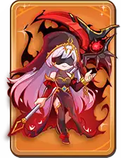 Stylized cartoon character dressed as a dark sorceress with long pink hair, red and black cloak, and holding a staff with a red gem, set against a fiery orange background.