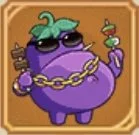 A purple cartoon character with sunglasses, a gold chain, and a smirking expression, in a cartoon style.