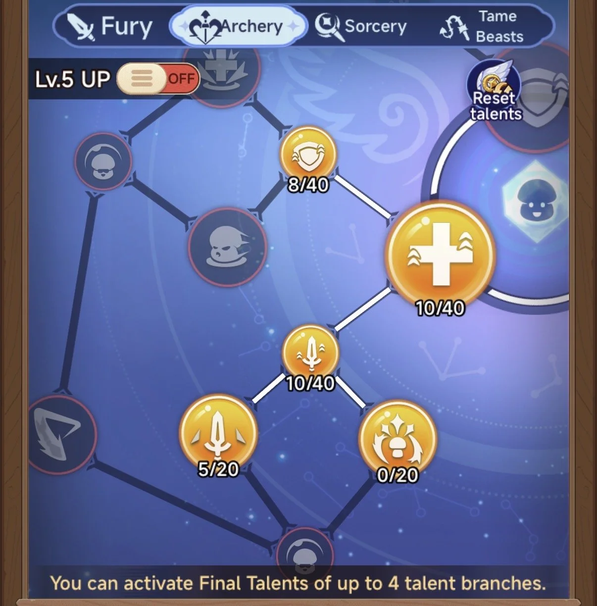Video game skill tree screen showing the Fury, Archery, Sorcery, and Tame Beasts skill branches. Some skills are unlocked, represented by filled icons with progress bars, and others are locked, indicated by empty icons. The focus is on the Archery branch, with options to activate or reset talents.