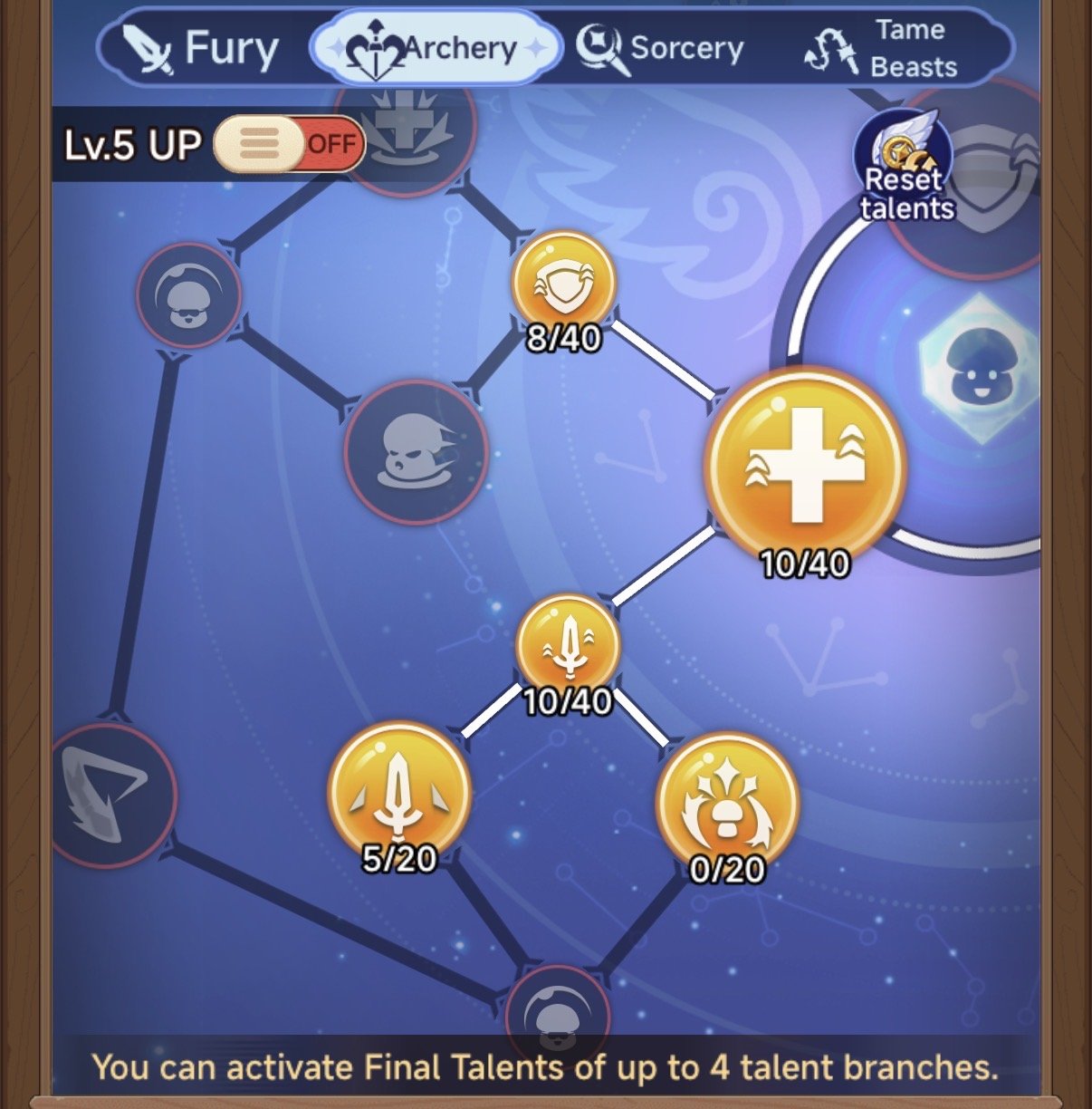Video game skill tree screen showing the Fury, Archery, Sorcery, and Tame Beasts skill branches. Some skills are unlocked, represented by filled icons with progress bars, and others are locked, indicated by empty icons. The focus is on the Archery branch, with options to activate or reset talents.