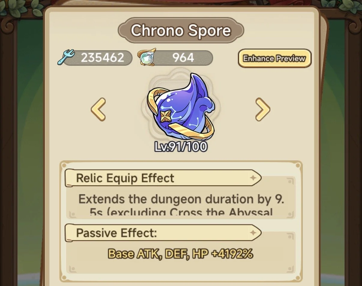 A digital game screen displaying a creature called 'Chrono Spore' at level 91 out of 100. The screen shows its stats including 23,562 attack points, 964 (possibly a secondary stat), and a passive effect that greatly increases attack, defense, and HP by 4192%. The creature is illustrated as a blue, spiral-shaped figure with a gold ring around it.