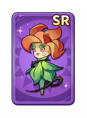 A colorful animated character with large orange hair styled like flower petals, green eyes, and a joyful expression, dressed in a green leafy outfit and black shoes, with a purple background and gold "SR" label.