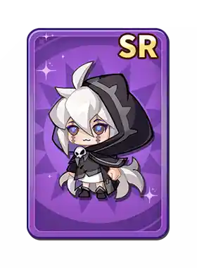 Chibi-style character with white hair, purple eyes, wearing a black hoodie with a skull, set against a purple background with a gold SR label.
