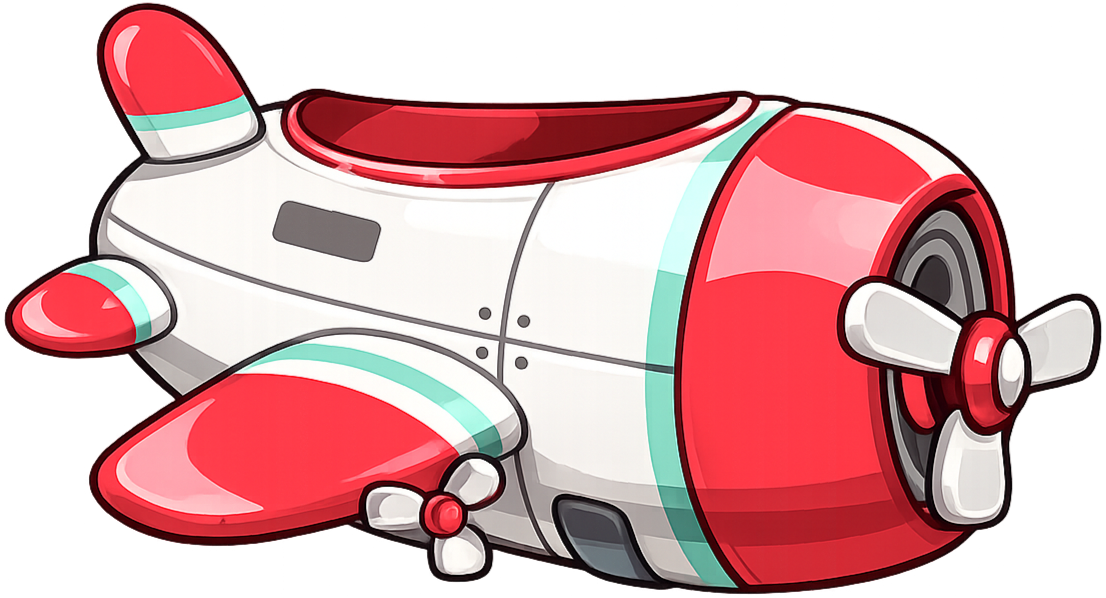 Cartoon-style red and white airplane with a propeller, wings, and landing gear.