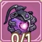 A purple robotic or armored character holding a glowing purple orb against a pink background.