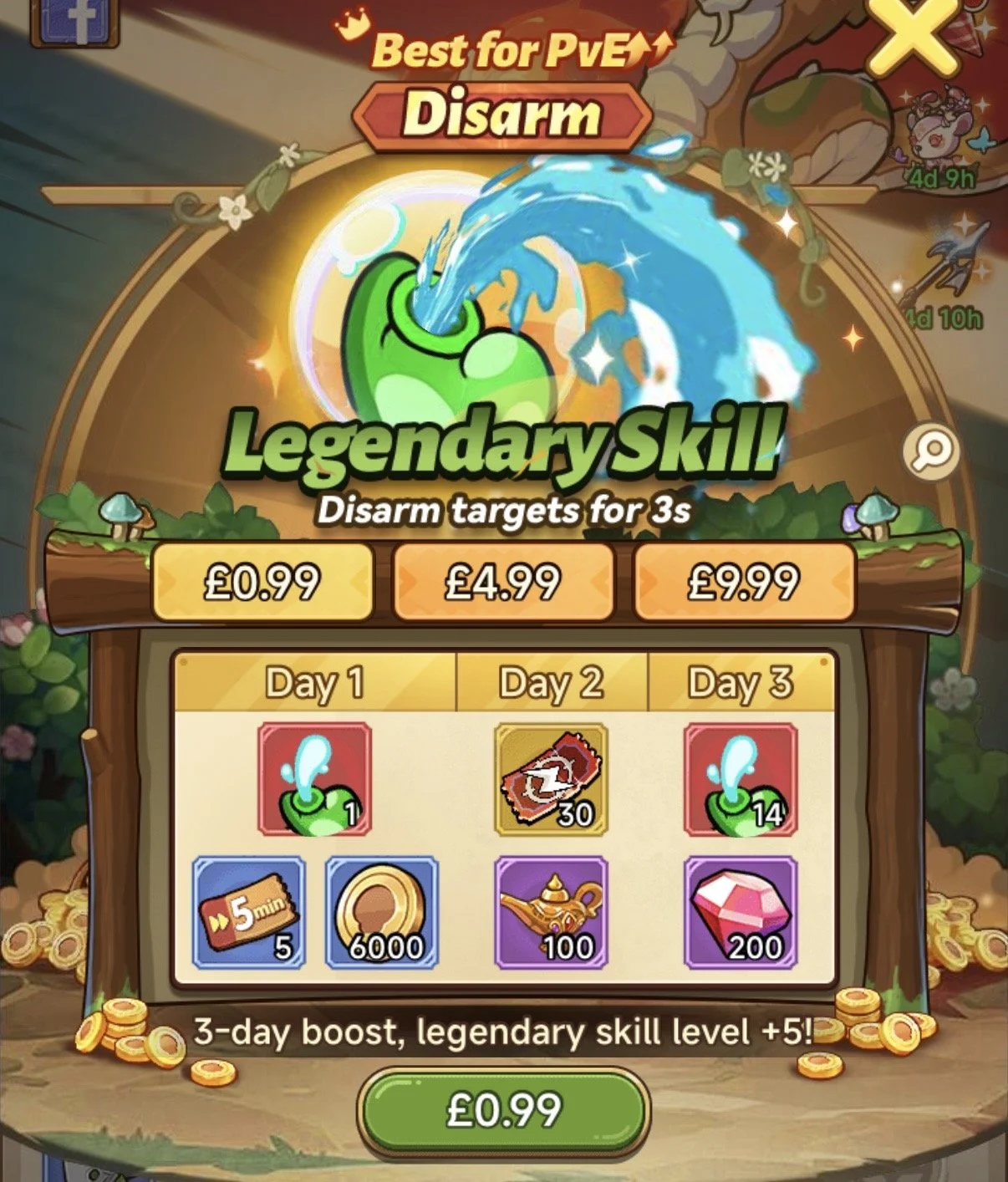 Screenshot of a game interface showcasing a legendary skill for disarming targets, with options to purchase for different prices. The interface displays a 3-day plan with tasks for each day, including items like a water splash, tickets, coins, and gems, along with coins and directional hints at the bottom.